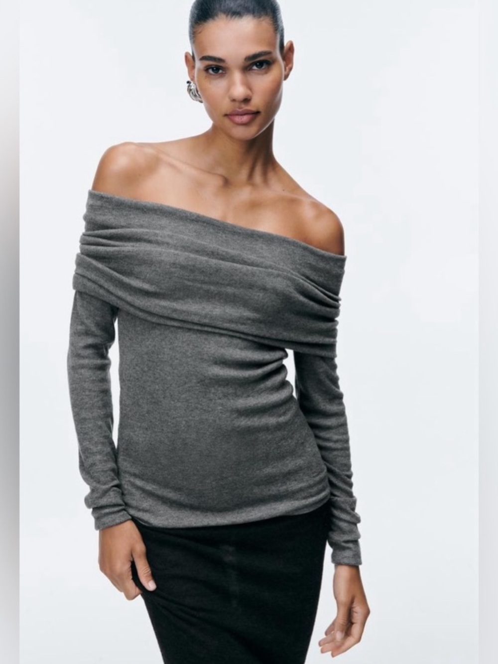 ZARA NWT Off Shoulder Knit Sweater Small Charcoal Gray Soft Stretch Sold Out